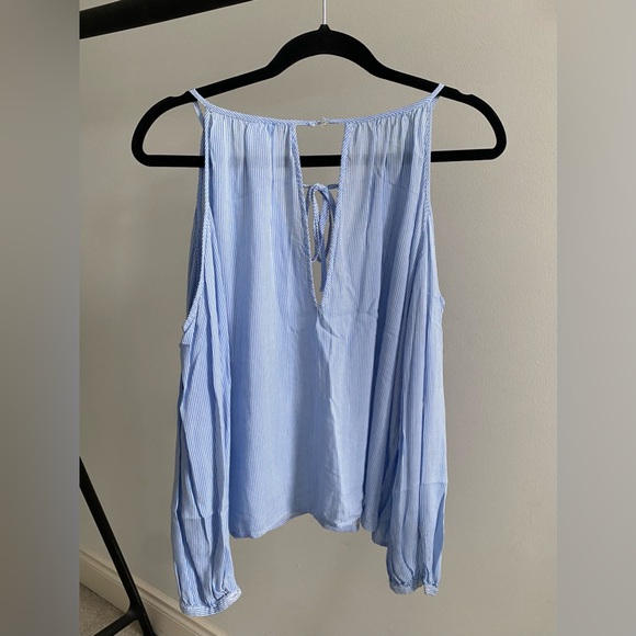 Pin Stripe Button Up Cold Shoulder Blouse - Picture 4 of 6